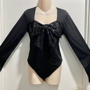 Coquette Fairy Boho Bling Sequin Bow Whimsigoth Minimalist Punk Top Bodysuit L